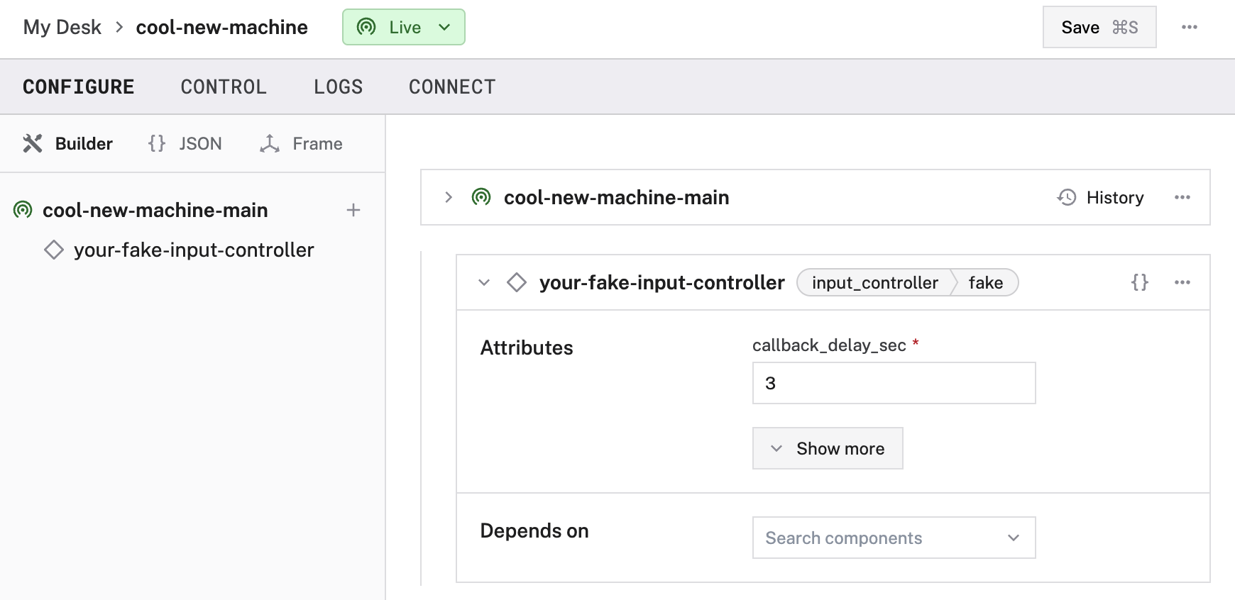 An example configuration for a fake input controller component.
