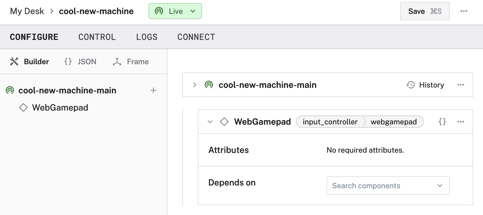 An example configuration for a web-based gamepad input controller component