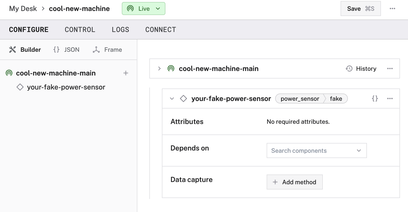 Fake power sensor configuration panel. No attributes are configured.